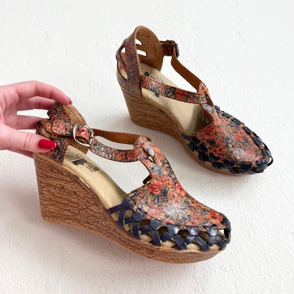 Vintage Mexi Floral Leather Wedge Sandals, Size 7 - Picture 1 of 10
